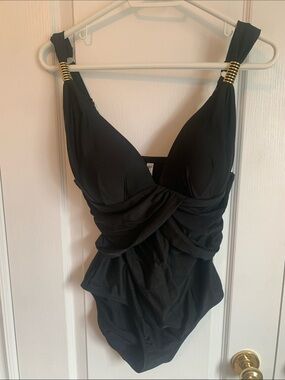 La Vie En Rose Black One-Piece Swimsuit with Gold Ring Details